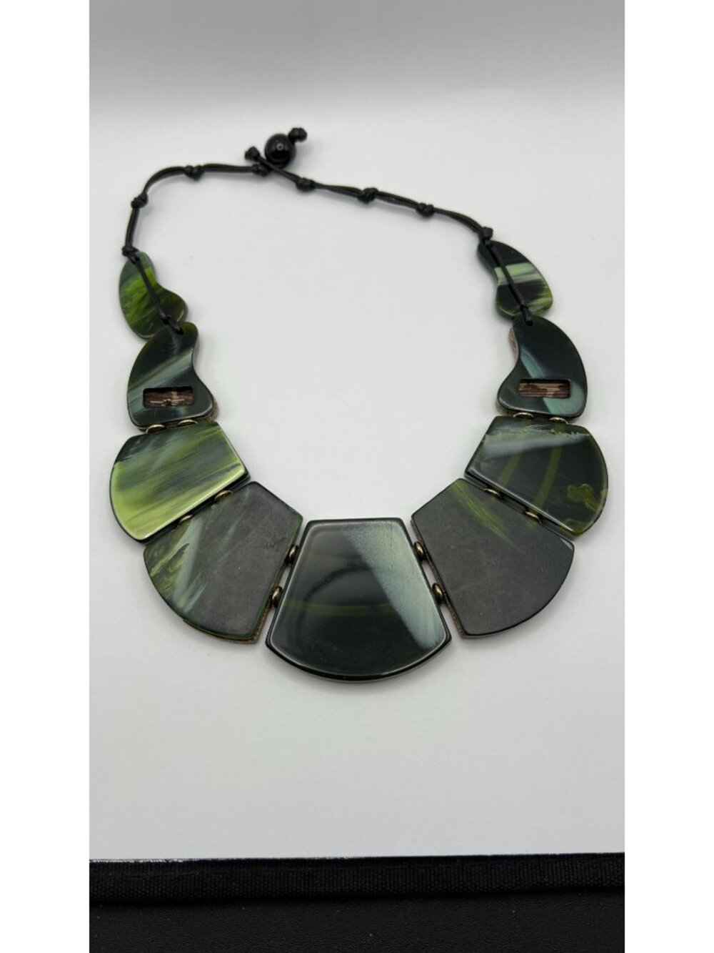 Chunky Green & Brown Geometric Statement Necklace With Adjustable Cord Closure - Picture 4 of 6